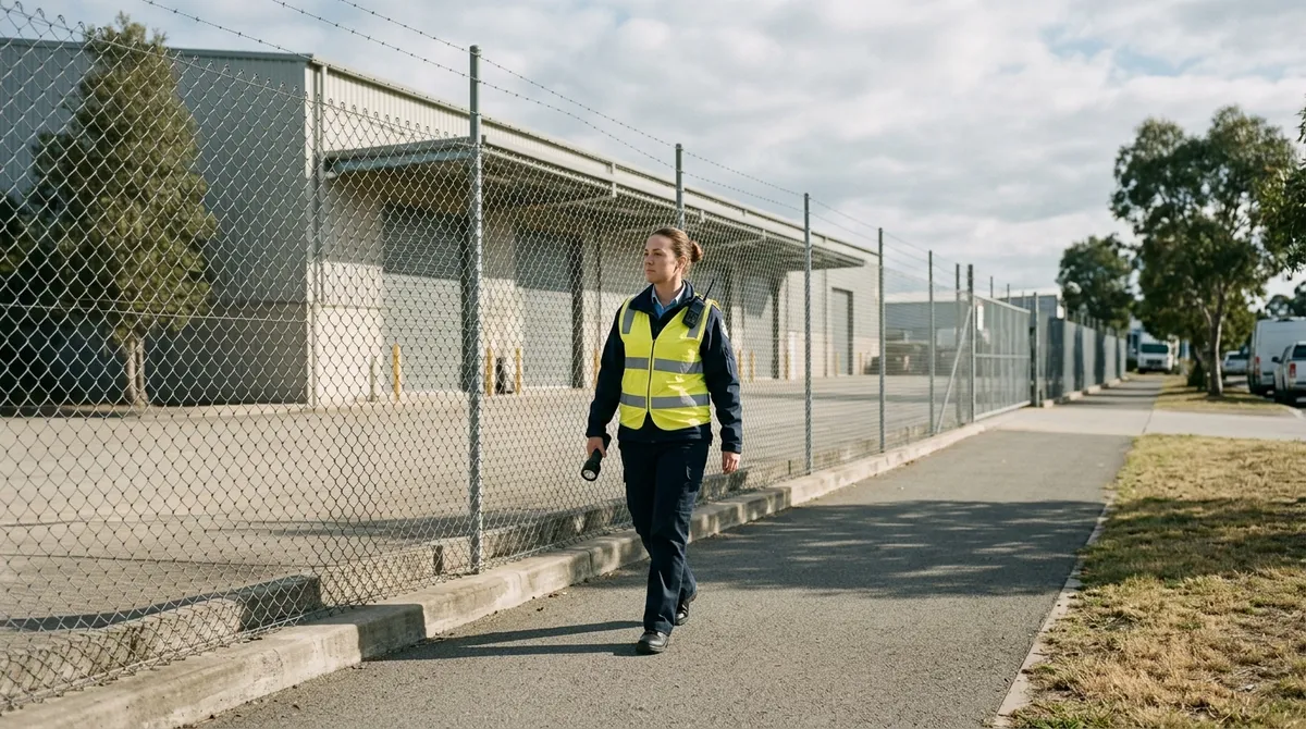 Agent de sécurité en ronde de nuit sur un site industriel